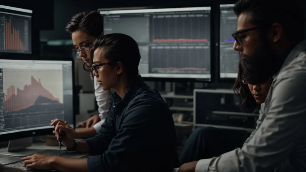 a team of professionals analyzing data on a computer screen to strategize marketing plans.