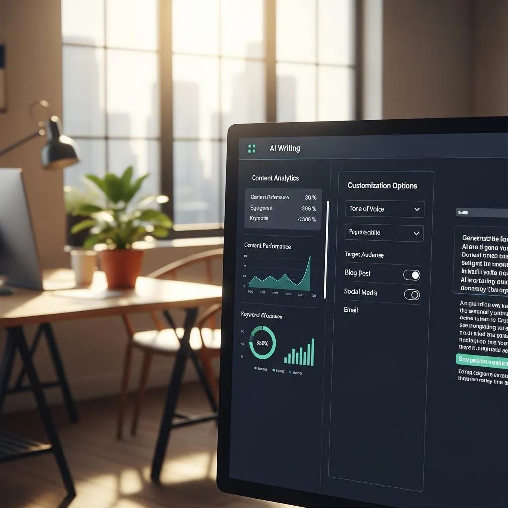 Close-up of AI writing software features on a computer screen, highlighting analytics and customization