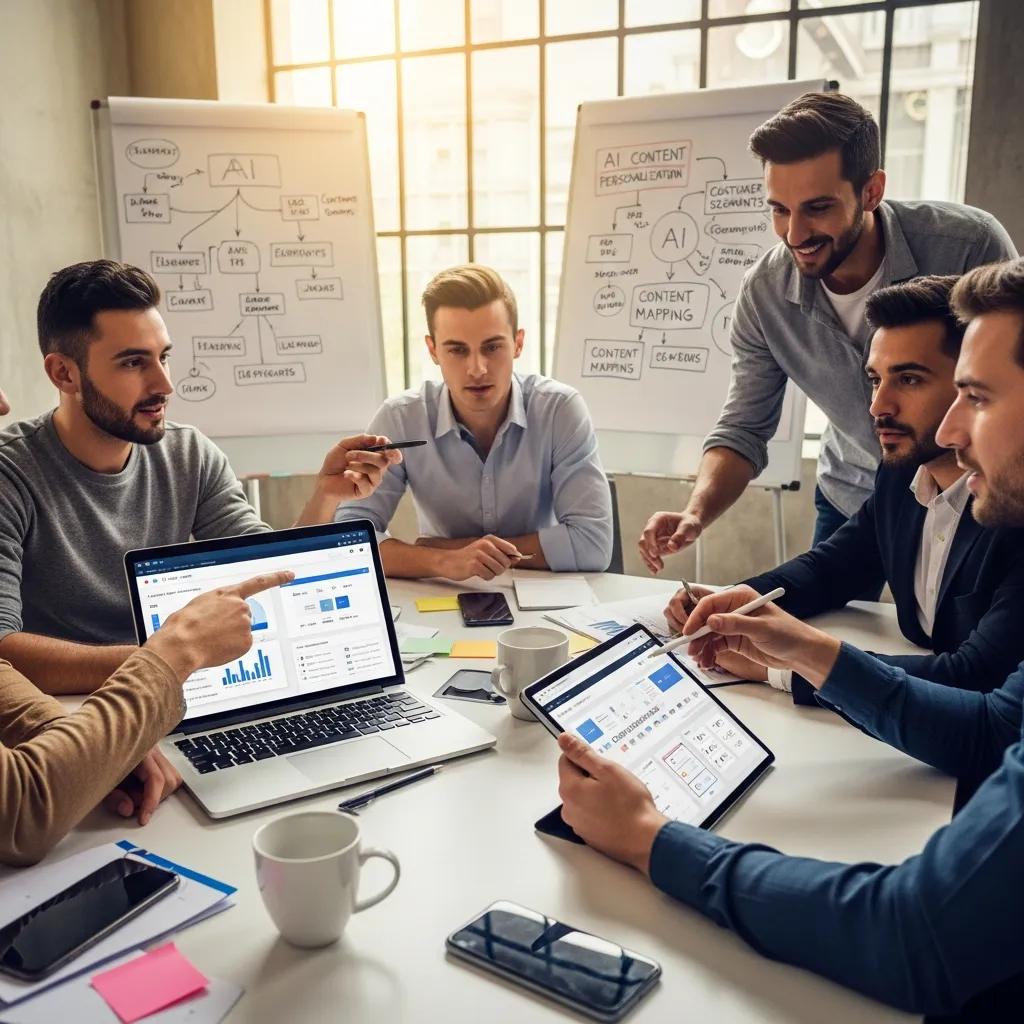 Marketing team collaborating on AI content personalization strategies, showcasing teamwork and innovation