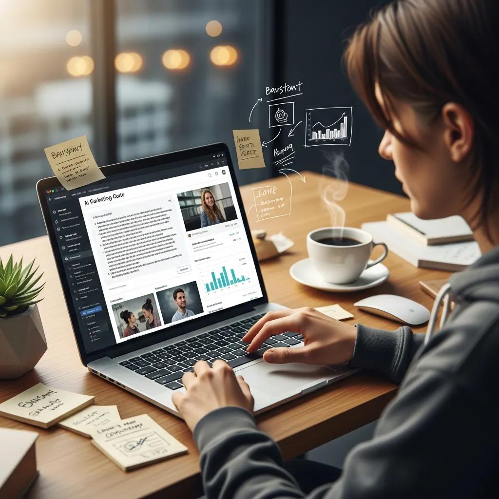 Modern workspace with a laptop showcasing AI content generation, emphasizing productivity and innovation
