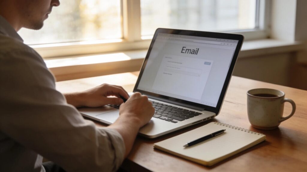 Person in a serene office environment preparing to write a professional resignation email