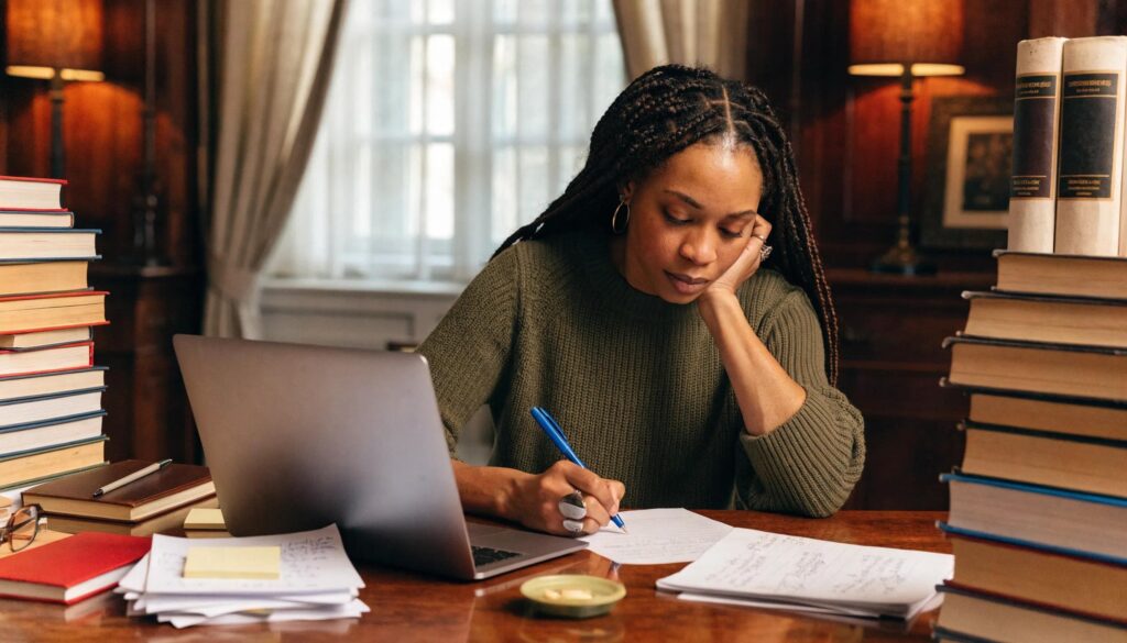Person writing a recommendation letter in a professional setting, symbolizing the process of asking for endorsements