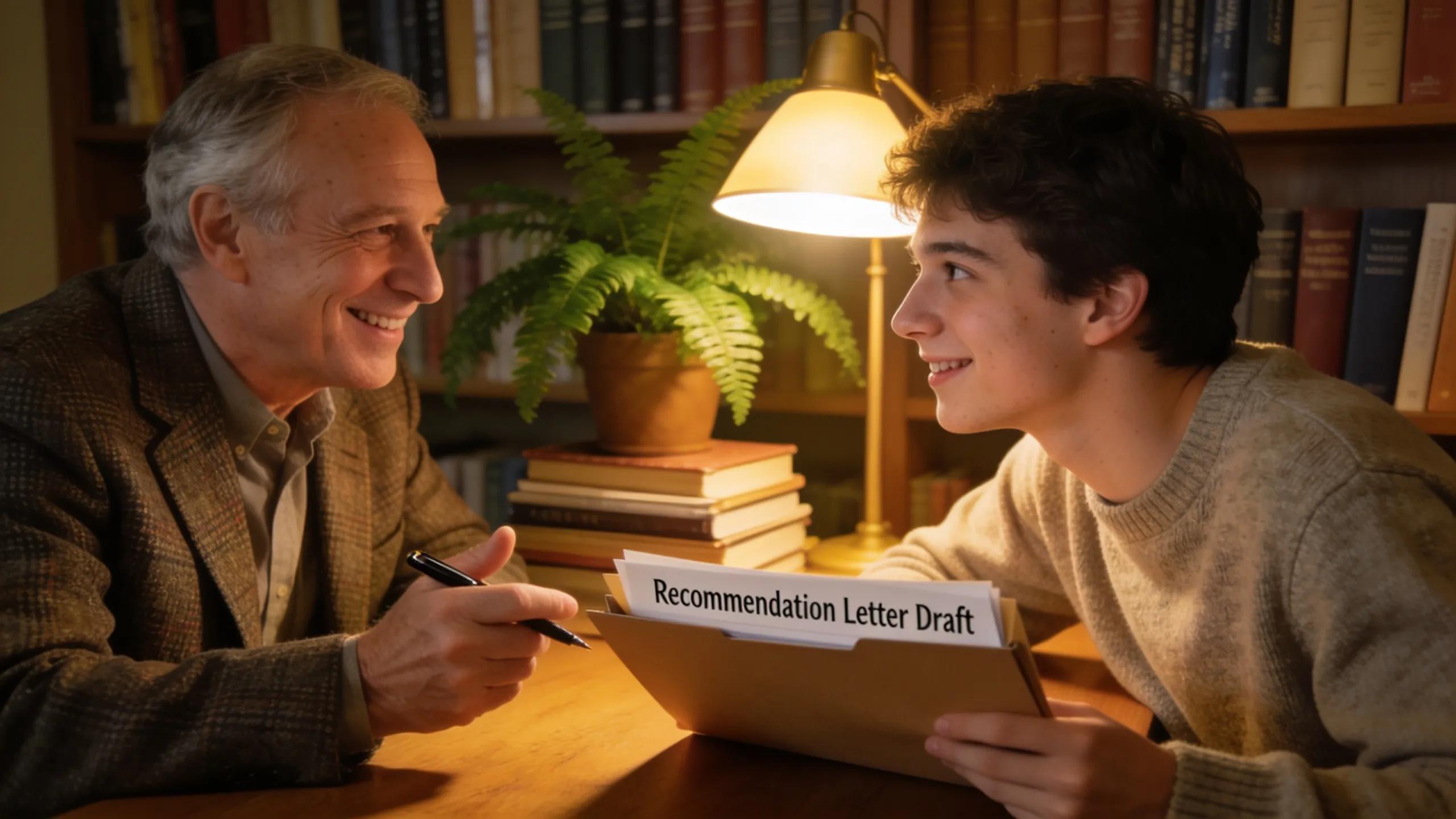 Student consulting with a professor about requesting a letter of recommendation, highlighting mentor relationships
