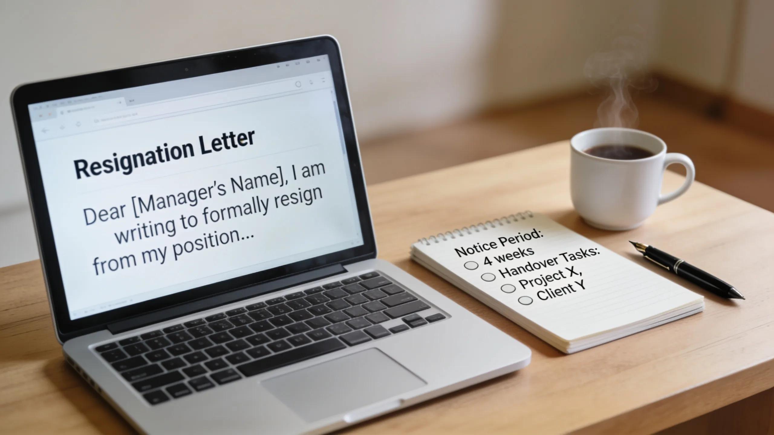 Organized workspace with open laptop and email draft focusing on professional resignation email elements