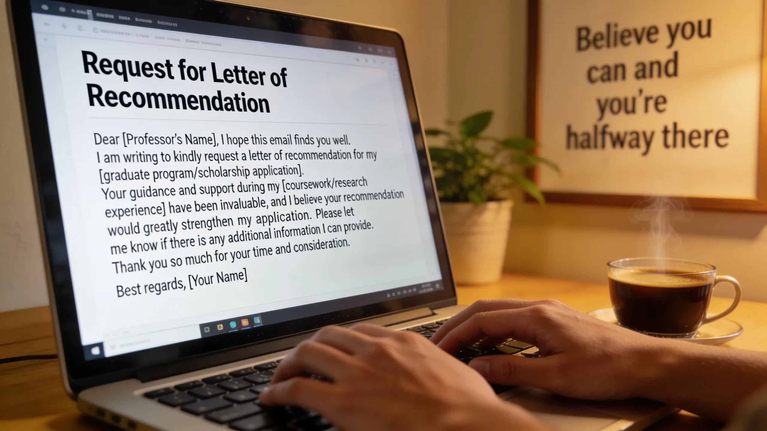 Close-up of a computer screen with a draft email requesting a recommendation, emphasizing professional communication